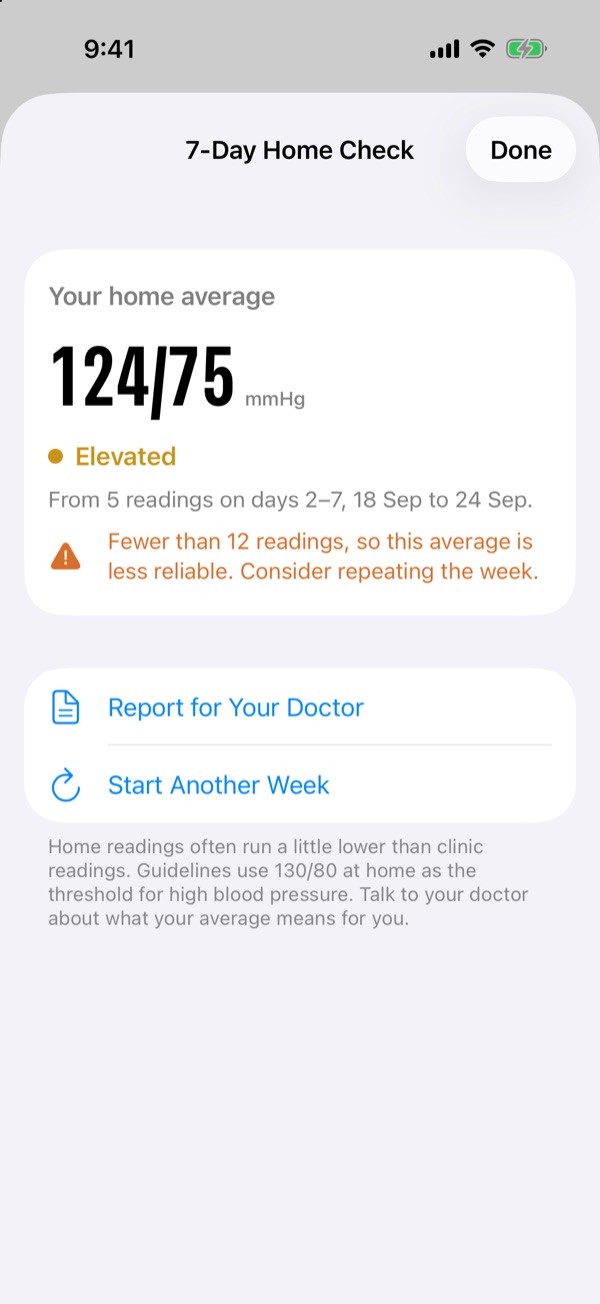 7-day home check result: home average 124 over 75