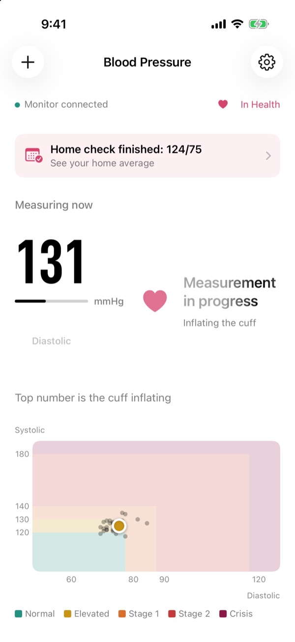 BP Sync while measuring: cuff pressure 131 and a message, Measurement in progress